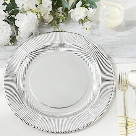 25 Metallic Round Paper Salad Dinner Plates with Textured Rim - Disposable Tableware