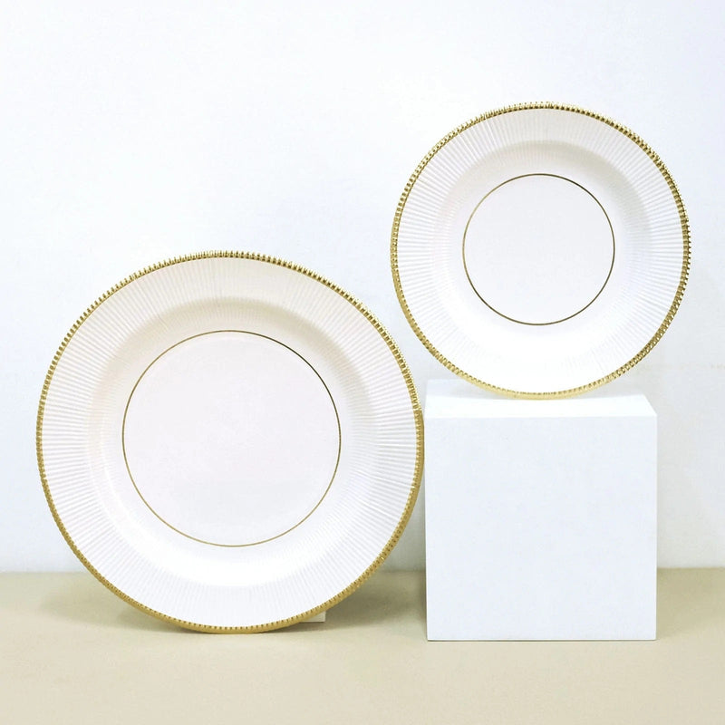 25 Metallic Round Paper Salad Dinner Plates with Textured Rim - Disposable Tableware