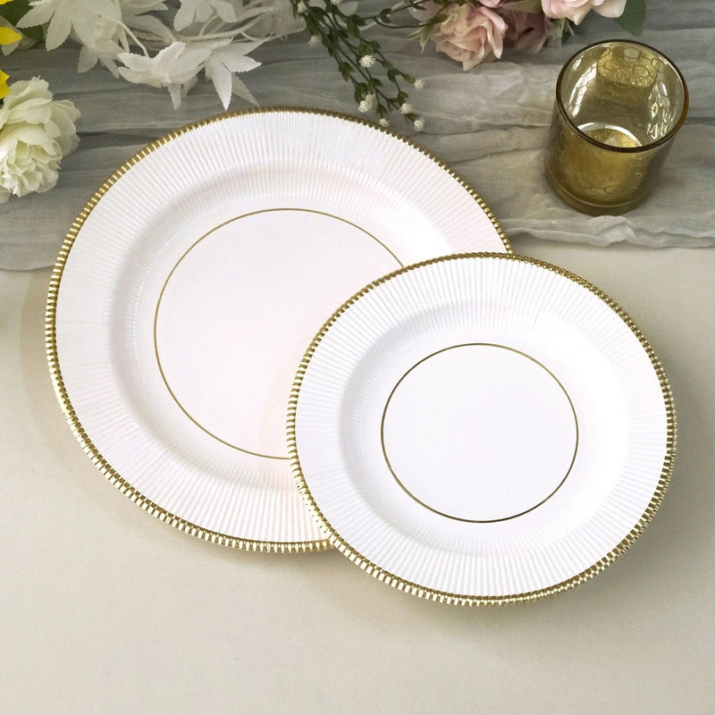 25 Metallic Round Paper Salad Dinner Plates with Textured Rim - Disposable Tableware