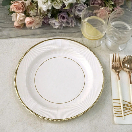 25 Metallic Round Paper Salad Dinner Plates with Textured Rim - Disposable Tableware