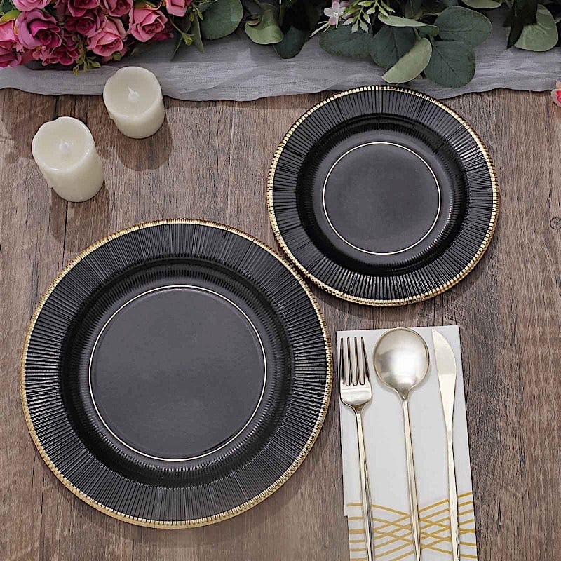 25 Metallic Round Paper Salad Dinner Plates with Textured Rim - Disposable Tableware