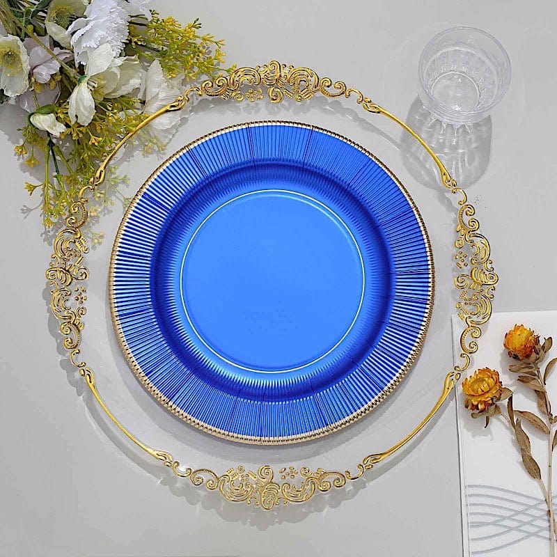 25 Metallic Round Paper Salad Dinner Plates with Textured Rim - Disposable Tableware