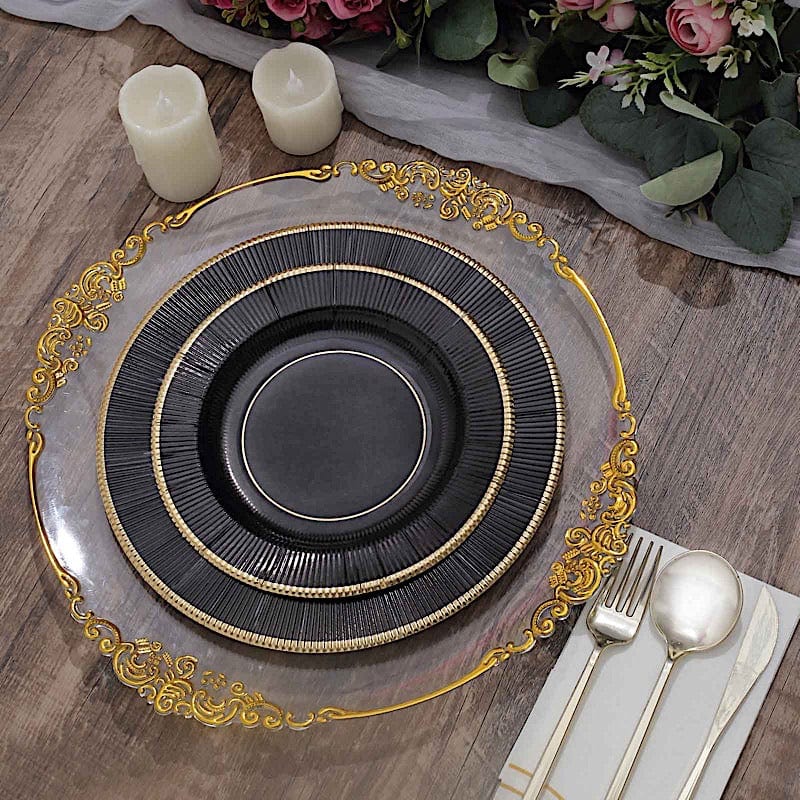 25 Metallic Round Paper Salad Dinner Plates with Textured Rim - Disposable Tableware