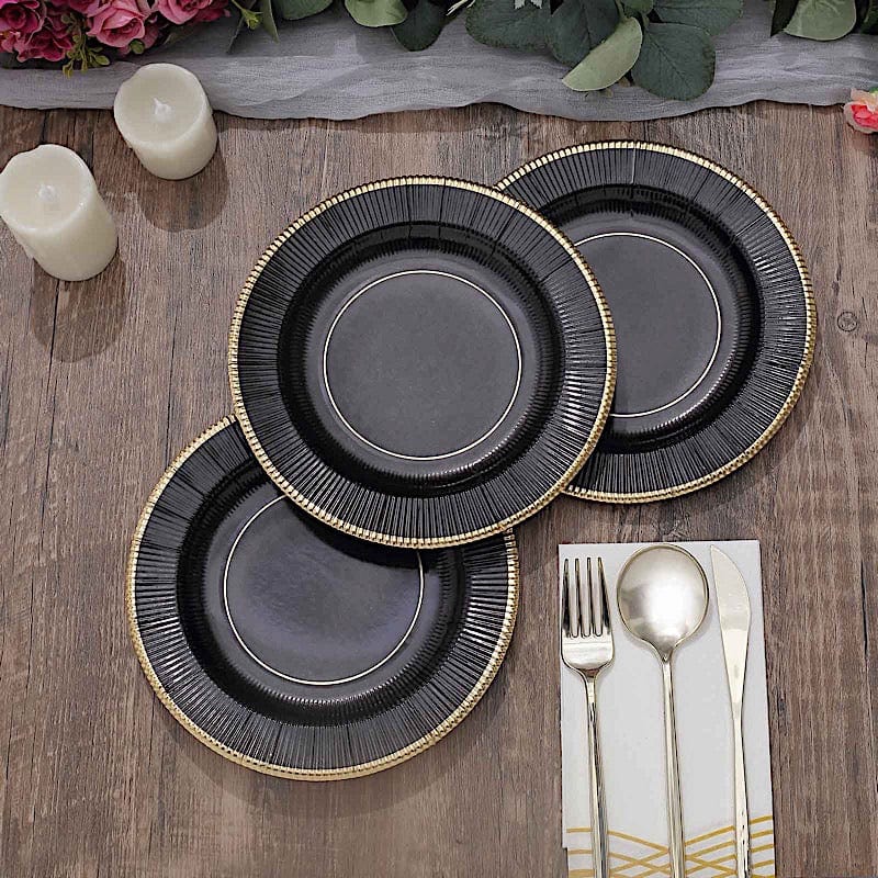 25 Metallic Round Paper Salad Dinner Plates with Textured Rim - Disposable Tableware