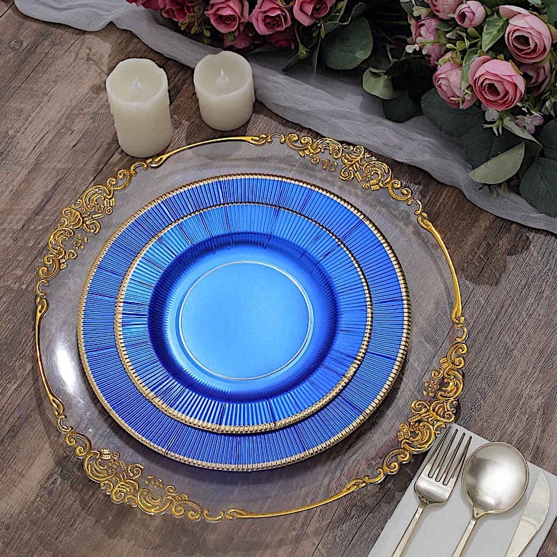 25 Metallic Round Paper Salad Dinner Plates with Textured Rim - Disposable Tableware