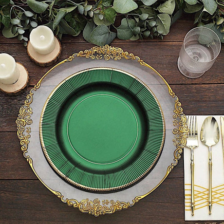 25 Metallic Round Paper Salad Dinner Plates with Textured Rim - Disposable Tableware