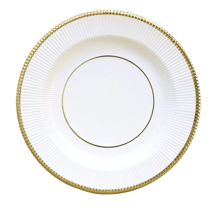 25 Metallic Round Paper Salad Dinner Plates with Textured Rim - Disposable Tableware DSP_PPR0011_8_WHTGD