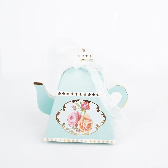 25 Mini Teapot 4" Wedding Favor Boxes with Ribbons BOX_3X3_TEA01_TURQ