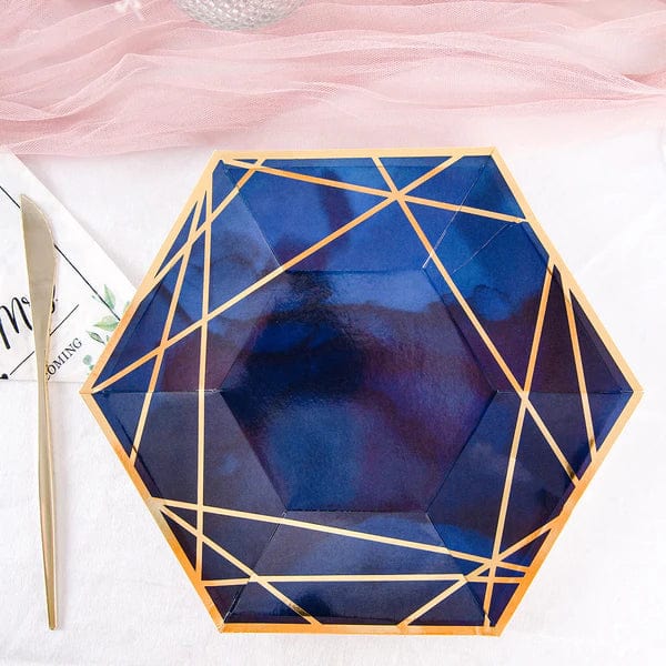 25 Navy Blue Hexagon Paper Salad Dinner Plates with Gold Trim - Disposable Tableware