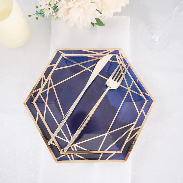 25 Navy Blue Hexagon Paper Salad Dinner Plates with Gold Trim - Disposable Tableware