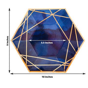 25 Navy Blue Hexagon Paper Salad Dinner Plates with Gold Trim - Disposable Tableware