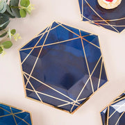 25 Navy Blue Hexagon Paper Salad Dinner Plates with Gold Trim - Disposable Tableware