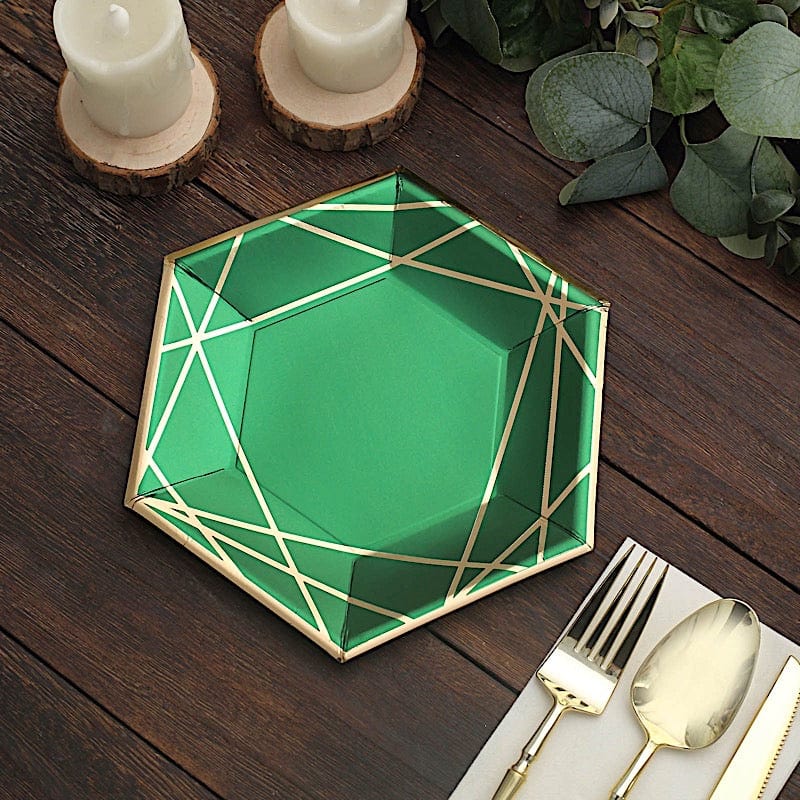 25 Navy Blue Hexagon Paper Salad Dinner Plates with Gold Trim - Disposable Tableware