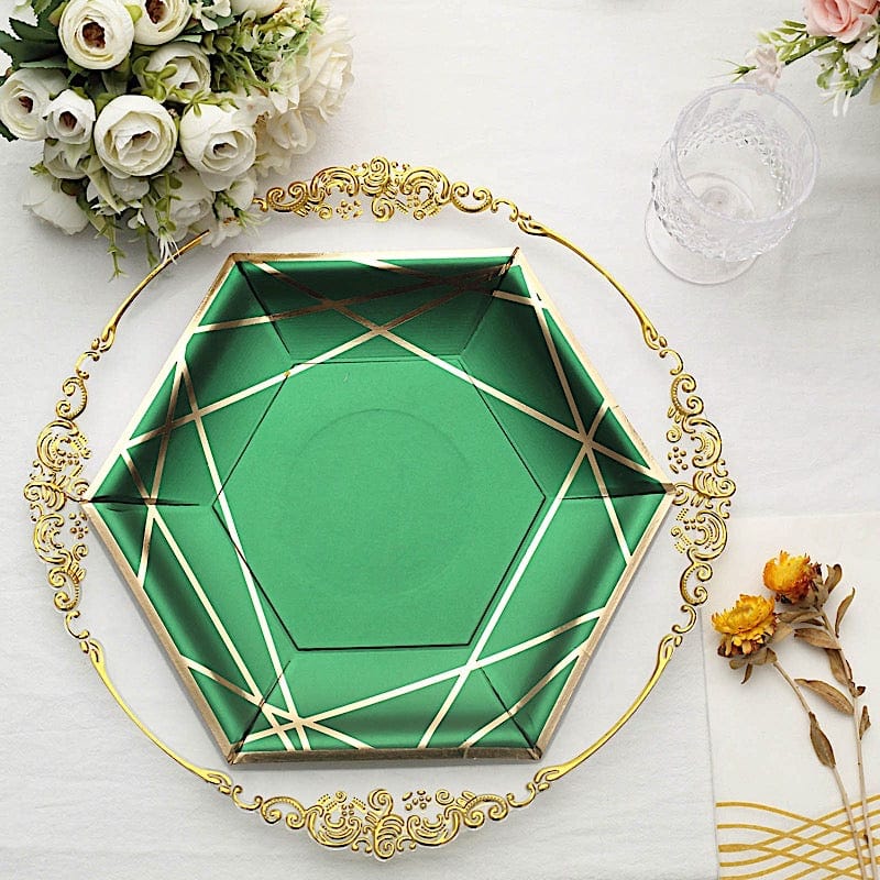 25 Navy Blue Hexagon Paper Salad Dinner Plates with Gold Trim - Disposable Tableware