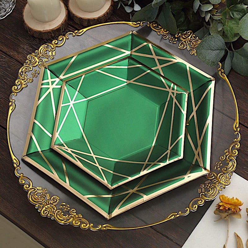 25 Navy Blue Hexagon Paper Salad Dinner Plates with Gold Trim - Disposable Tableware