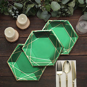25 Navy Blue Hexagon Paper Salad Dinner Plates with Gold Trim - Disposable Tableware