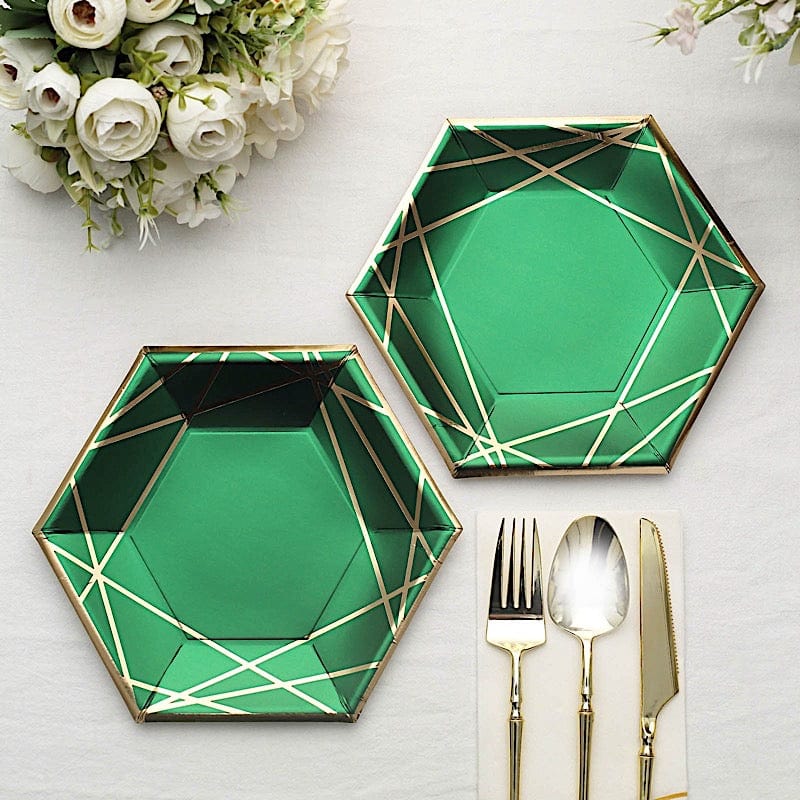 25 Navy Blue Hexagon Paper Salad Dinner Plates with Gold Trim - Disposable Tableware