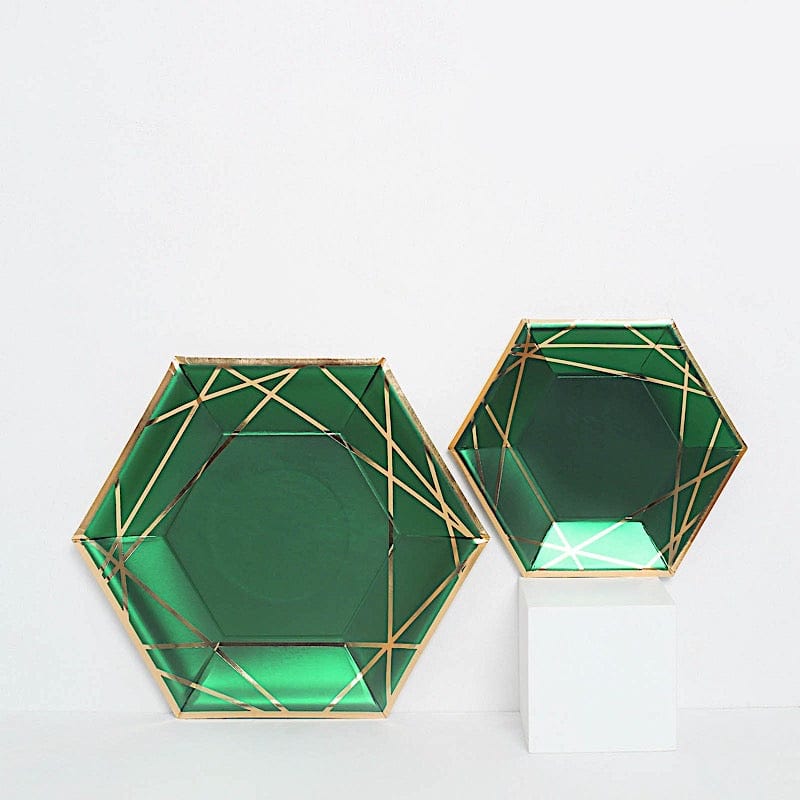 25 Navy Blue Hexagon Paper Salad Dinner Plates with Gold Trim - Disposable Tableware