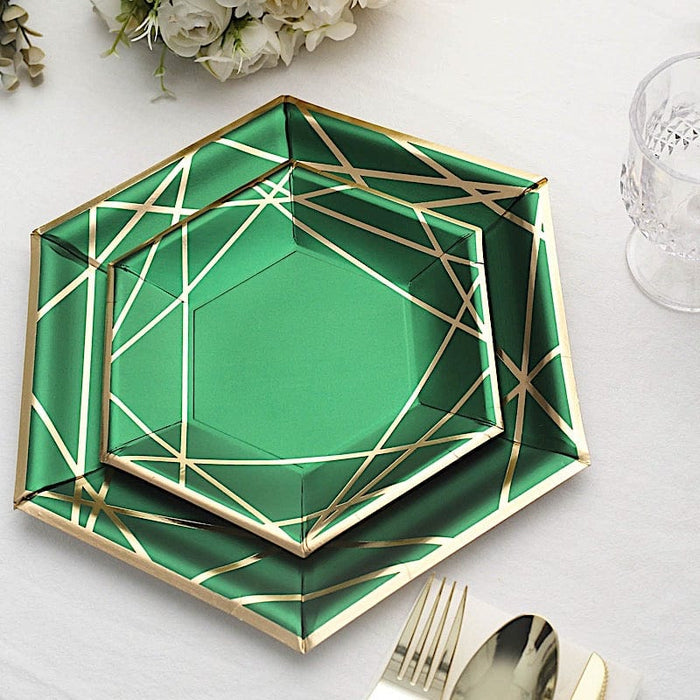 25 Navy Blue Hexagon Paper Salad Dinner Plates with Gold Trim - Disposable Tableware