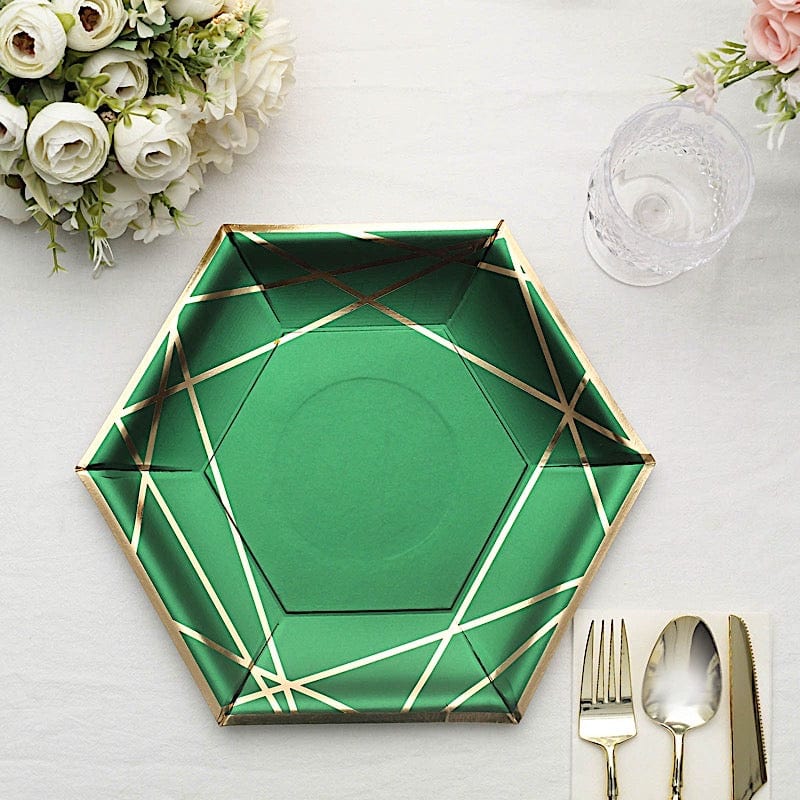 25 Navy Blue Hexagon Paper Salad Dinner Plates with Gold Trim - Disposable Tableware