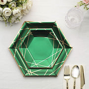 25 Navy Blue Hexagon Paper Salad Dinner Plates with Gold Trim - Disposable Tableware