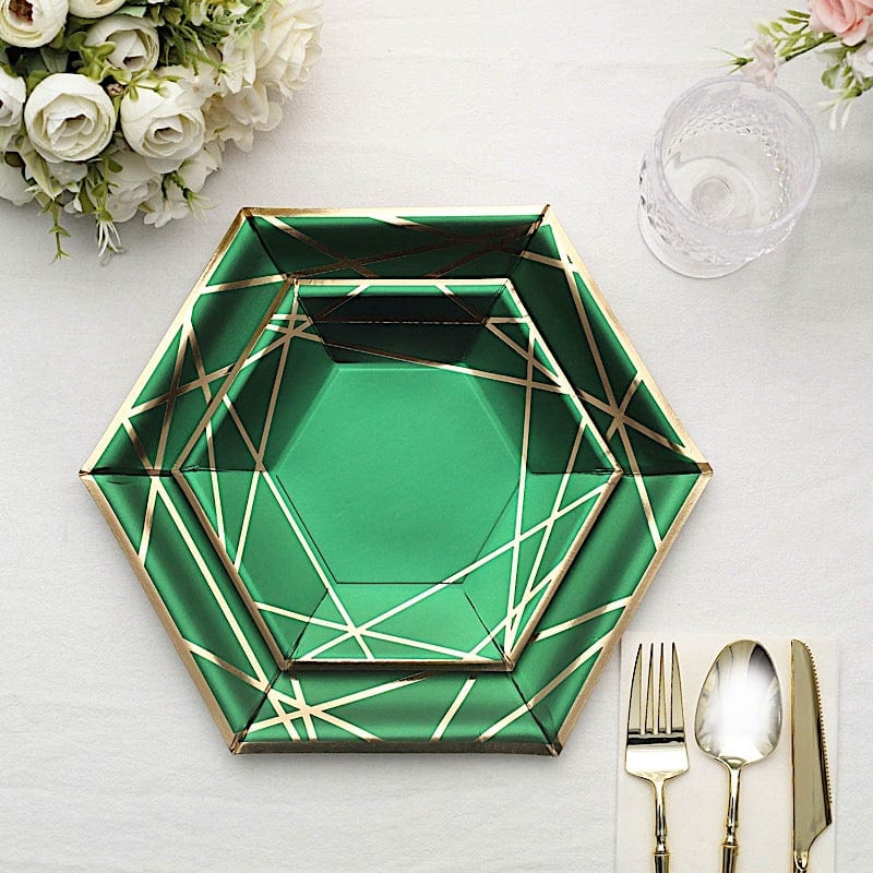 25 Navy Blue Hexagon Paper Salad Dinner Plates with Gold Trim - Disposable Tableware