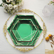 25 Navy Blue Hexagon Paper Salad Dinner Plates with Gold Trim - Disposable Tableware