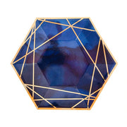 25 Navy Blue Hexagon Paper Salad Dinner Plates with Gold Trim - Disposable Tableware DSP_PPGH0003_9_NAVYGD
