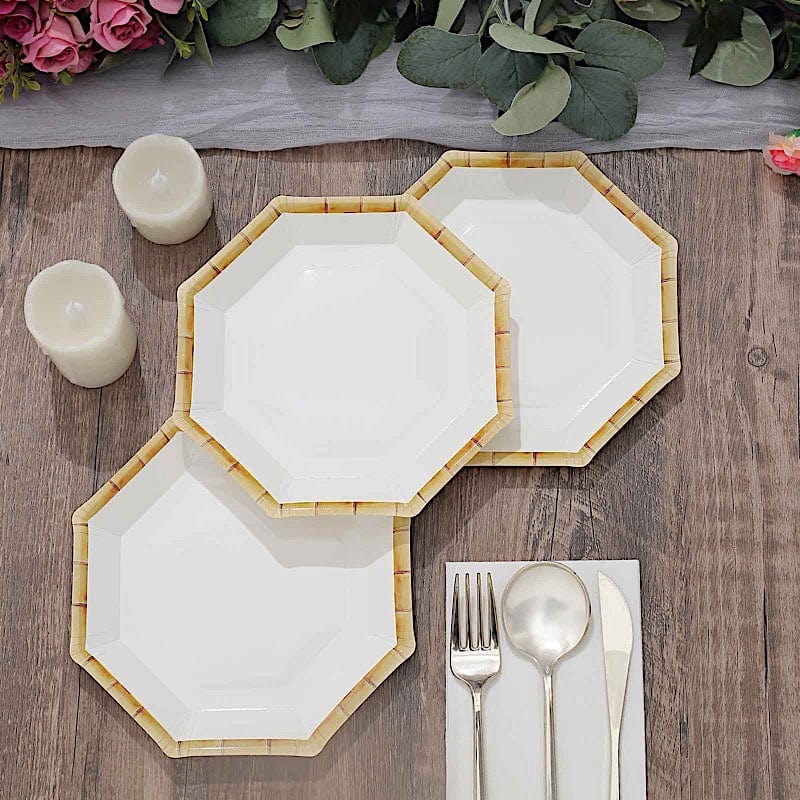 25 Octagon Paper Dinner Plates with Bamboo Print Rim - Disposable Tableware