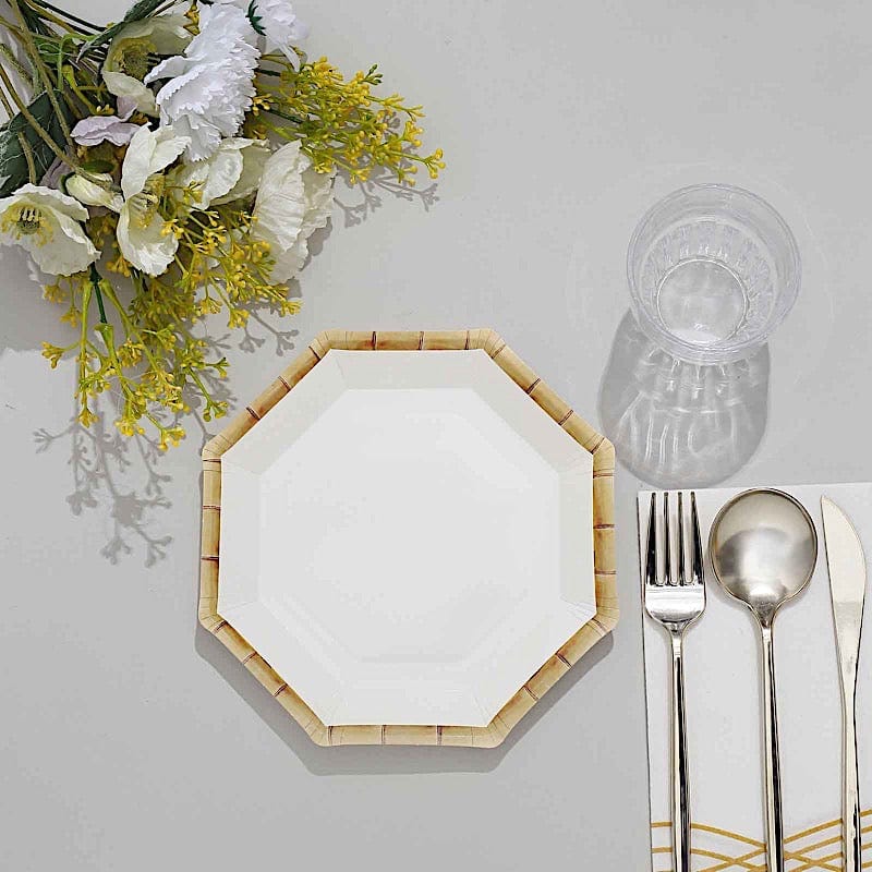 25 Octagon Paper Dinner Plates with Bamboo Print Rim - Disposable Tableware