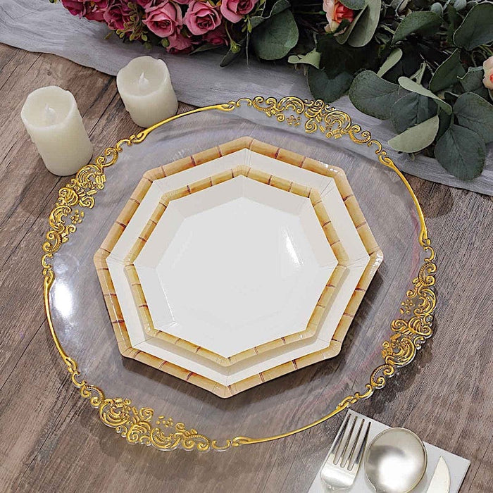 25 Octagon Paper Dinner Plates with Bamboo Print Rim - Disposable Tableware