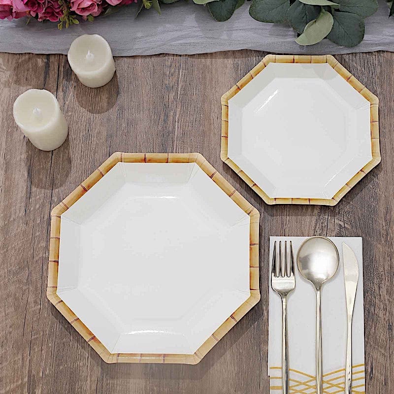 25 Octagon Paper Dinner Plates with Bamboo Print Rim - Disposable Tableware
