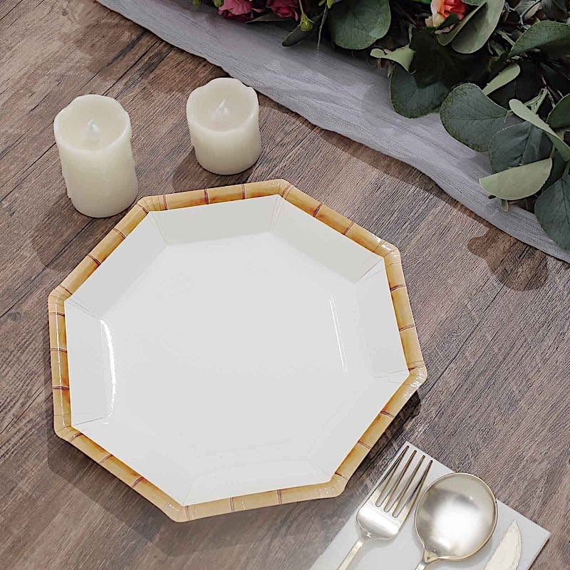25 Octagon Paper Dinner Plates with Bamboo Print Rim - Disposable Tableware