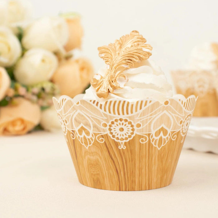 25 Paper Cupcake Liners Muffin Wrappers with Wood Lace Printed Design - Natural and White CAKE_WRAP_PAP03_NAT