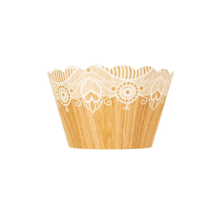 25 Paper Cupcake Liners Muffin Wrappers with Wood Lace Printed Design - Natural and White CAKE_WRAP_PAP03_NAT