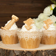 25 Paper Cupcake Liners Muffin Wrappers with Wood Lace Printed Design - Natural and White CAKE_WRAP_PAP03_NAT