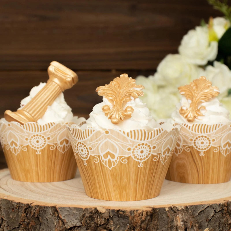 25 Paper Cupcake Liners Muffin Wrappers with Wood Lace Printed Design - Natural and White CAKE_WRAP_PAP03_NAT