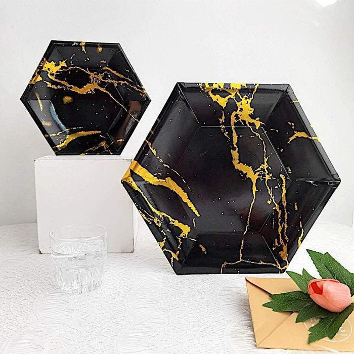 25 pcs 12" Hexagon Paper Dinner Plates with Marble Design - Disposable Tableware