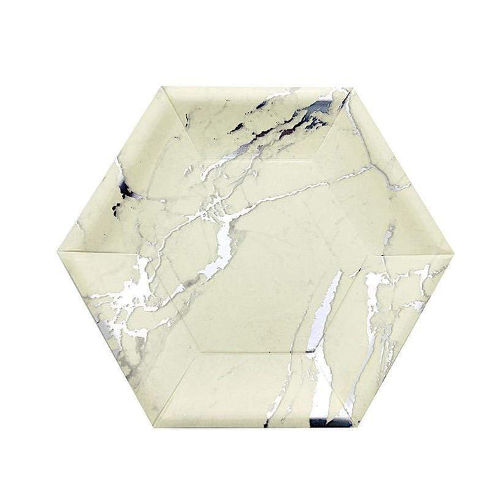 25 pcs 12" Hexagon Paper Dinner Plates with Marble Design - Disposable Tableware DSP_PPGH0001_10_WHTSV