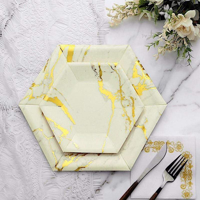 25 pcs 8.5" Hexagon Paper Salad Plates with Marble Design - Disposable Tableware