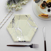 25 pcs 8.5" Hexagon Paper Salad Plates with Marble Design - Disposable Tableware