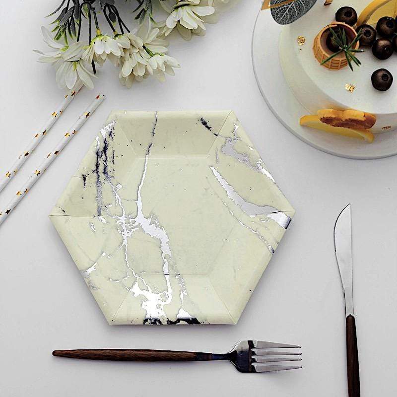 25 pcs 8.5" Hexagon Paper Salad Plates with Marble Design - Disposable Tableware