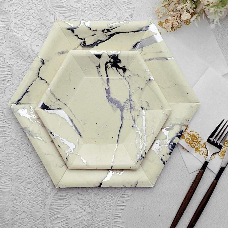 25 pcs 8.5" Hexagon Paper Salad Plates with Marble Design - Disposable Tableware