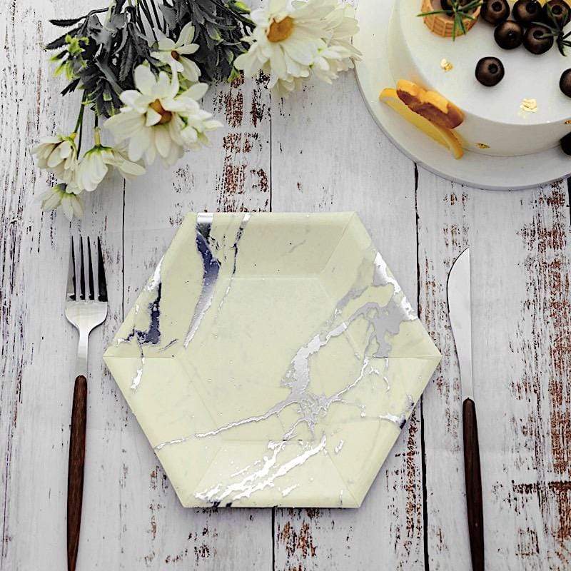 25 pcs 8.5" Hexagon Paper Salad Plates with Marble Design - Disposable Tableware