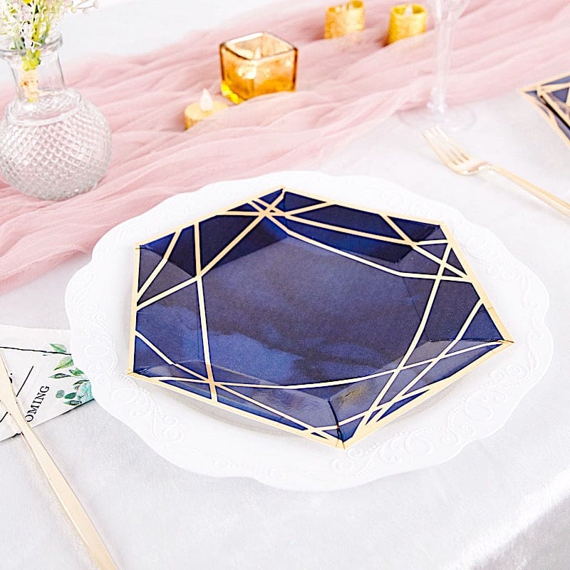 25 pcs 9" Navy Blue Hexagon Paper Dinner Plates with Gold Trim Design - Disposable Tableware DSP_PPGH0003_7_NAVYGD