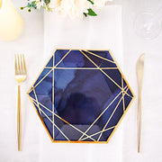 25 pcs 9" Navy Blue Hexagon Paper Dinner Plates with Gold Trim Design - Disposable Tableware DSP_PPGH0003_7_NAVYGD