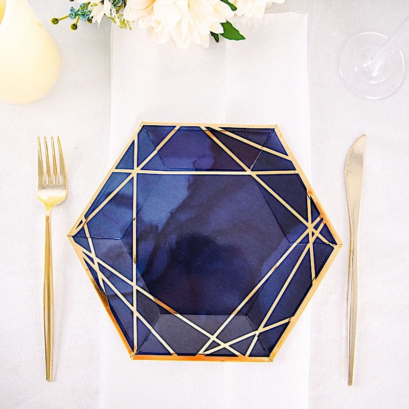 25 pcs 9" Navy Blue Hexagon Paper Dinner Plates with Gold Trim Design - Disposable Tableware DSP_PPGH0003_7_NAVYGD