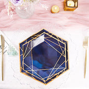 25 pcs 9" Navy Blue Hexagon Paper Dinner Plates with Gold Trim Design - Disposable Tableware DSP_PPGH0003_7_NAVYGD
