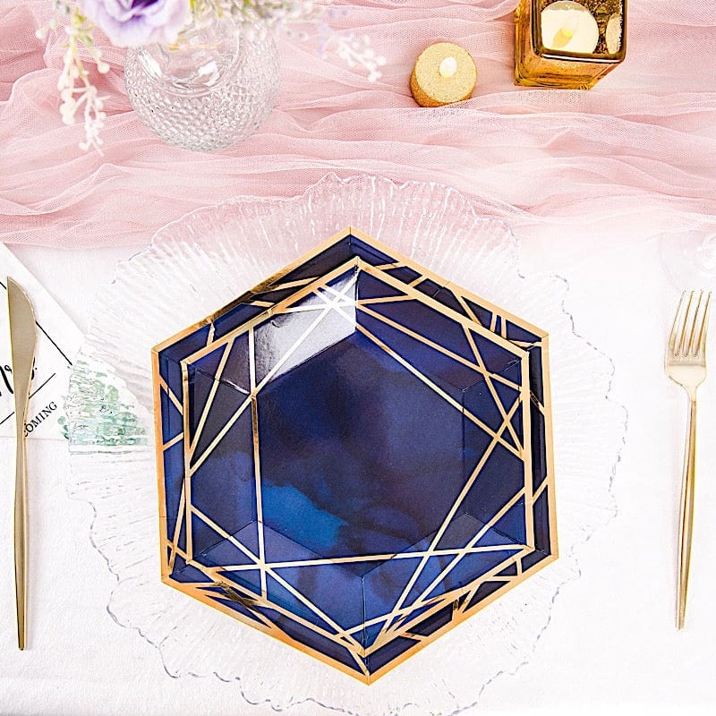 25 pcs 9" Navy Blue Hexagon Paper Dinner Plates with Gold Trim Design - Disposable Tableware DSP_PPGH0003_7_NAVYGD