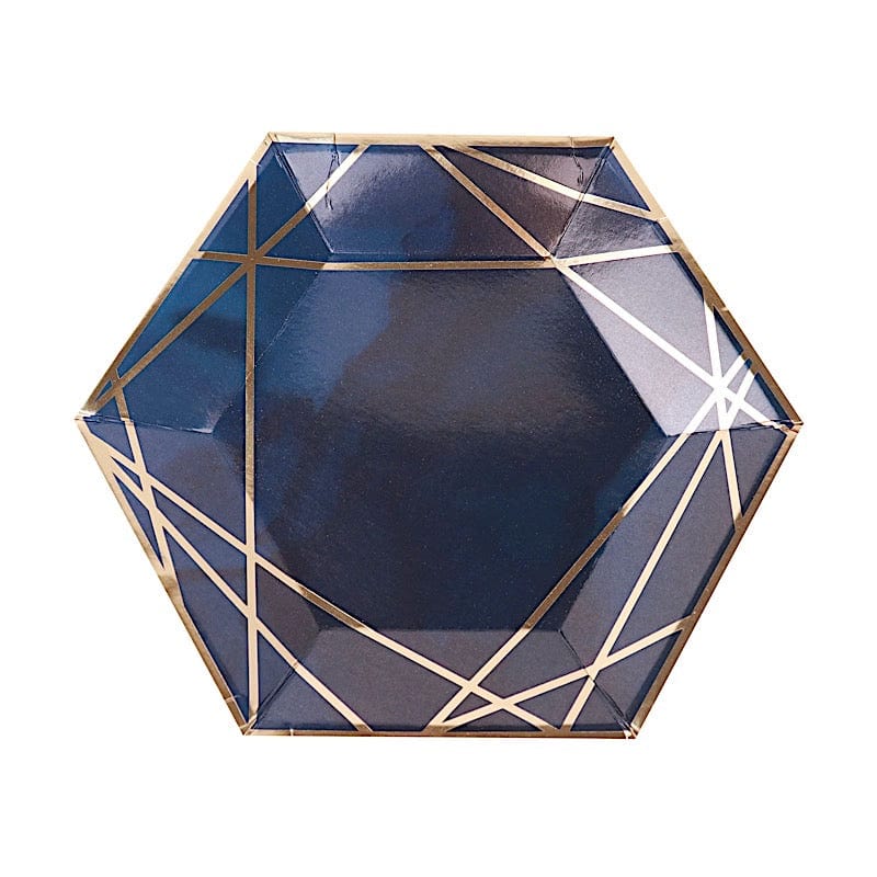 25 pcs 9" Navy Blue Hexagon Paper Dinner Plates with Gold Trim Design - Disposable Tableware DSP_PPGH0003_7_NAVYGD